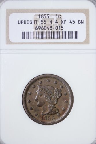 1855 Upright N-4 Braided Hair Large Cent NGC XF45 Nice Affordable Big Penny! SPW - Picture 1 of 3