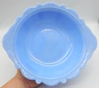 VTG McKee Blue Delphite Milk Glass Serving Bowl Scalloped Edges Patterned -TF879