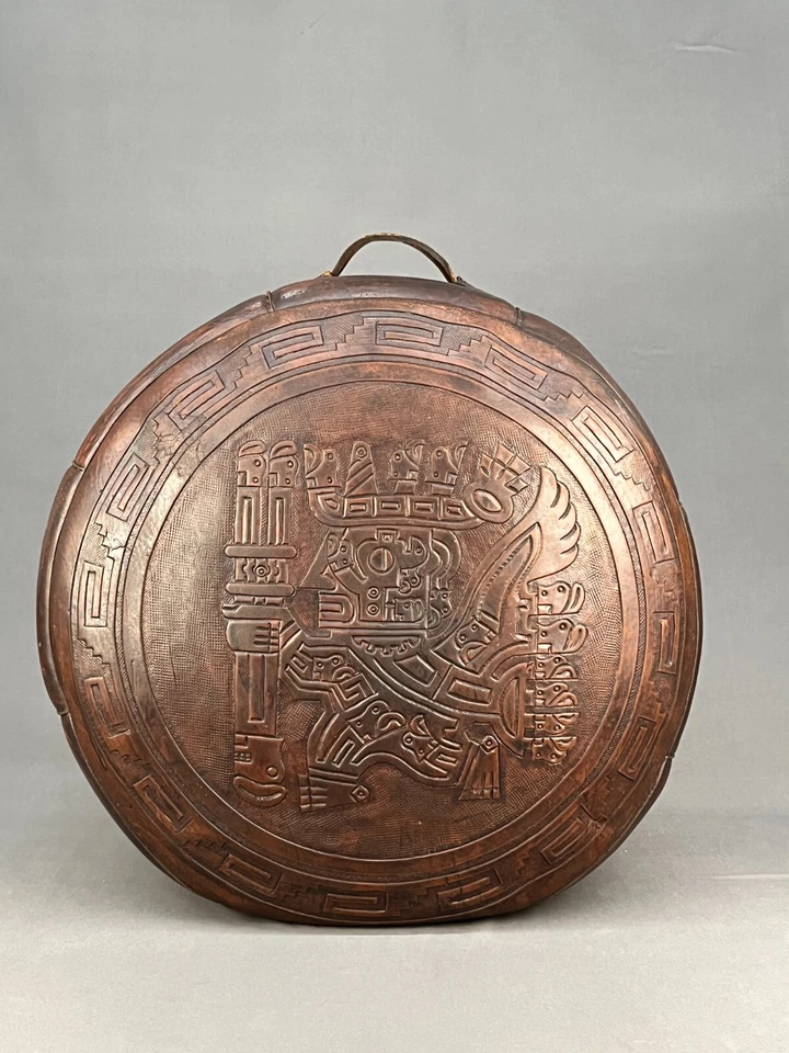 De Colección Marrón Cuero Tooled Peruano 20" Otomano Hassock con Asa; Años 40-50 Foto 2 de 4