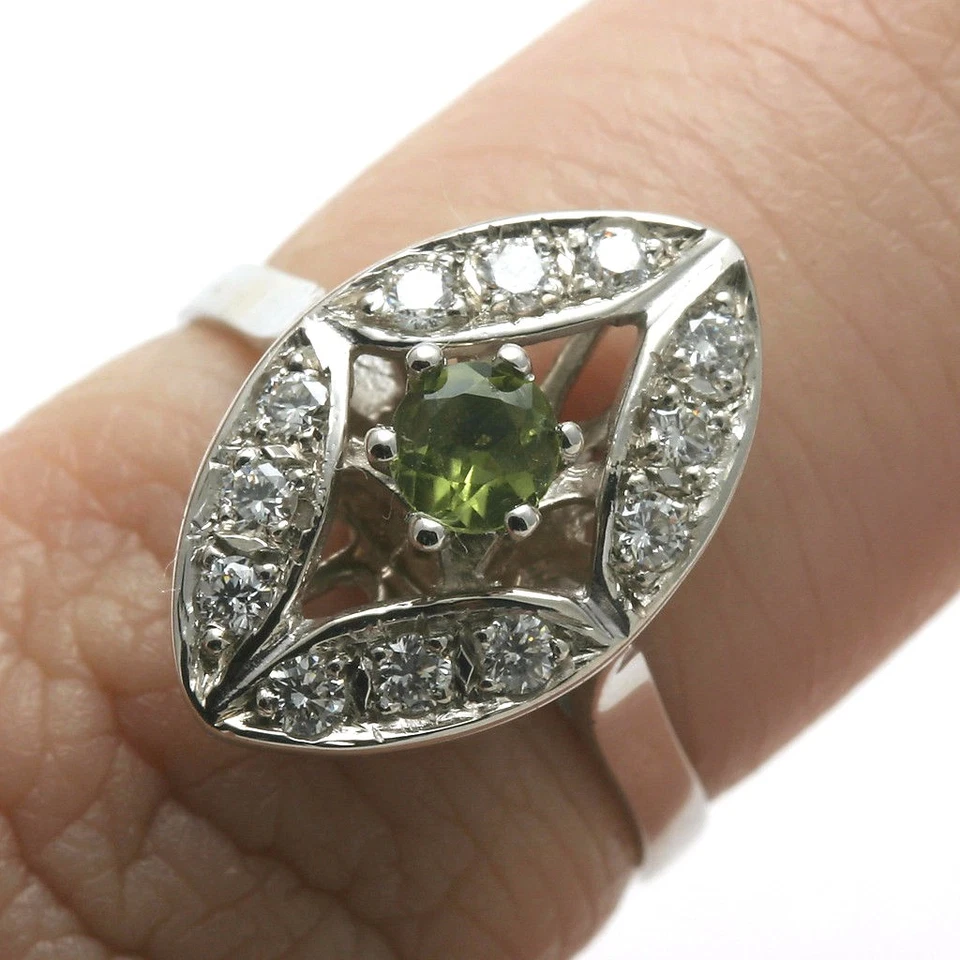 New 14k white gold Diamond & green PERIDOT Ring Vintage Reproduction Oval pave - Image 4 of 4