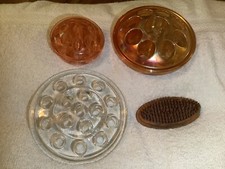 Vintage 3 Glass  1 Metal Flower Frogs-1 Has A Repaired Chip OnTheEdge Of A Hole