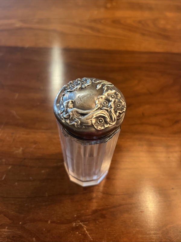Antique Art Nouveau Sterling & Glass Tall Vanity Jar w/ Repoussé Lid C1910