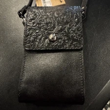 Patricia Nash Rivalta Black Leather Tooled Small Crossbody Bag Wallet Great!
