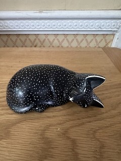 Stone Black Cat Ornament Figurine White Speckles Sleeping
