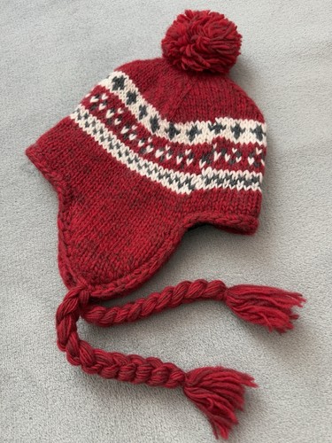 Chapeau bonnet laine acrylique Woolrich automne hiver rayures rouges cache oreille tresse queue neuf - Photo 6/10