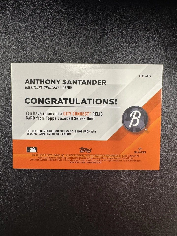 2024 Topps Series 1 - City Connect Swatch Collection Anthony Santander #CC-AS... - Image 2 of 2