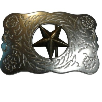 Western Star Belt Buckle Engraved Floral Design Metal Vintage Rustic Style