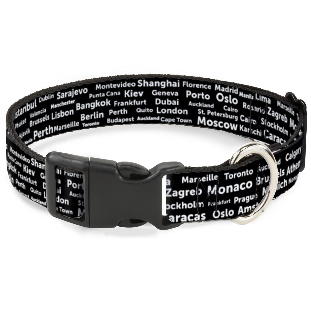Plastic Clip Collar Verbiage Destination Cities Black/White NARROW-Large 9.5-14.