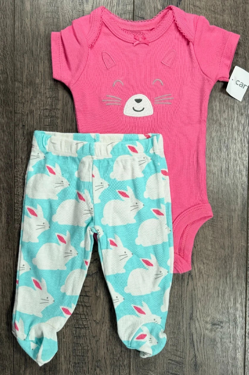 Baby Girl Clothes New Vintage Carter's Newborn 2pc Bunny Footed Outfit