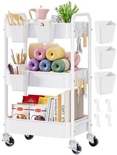 3 Tier Rolling Cart Metal with Wheels, 3-Tier  Cups  Hooks, Light White