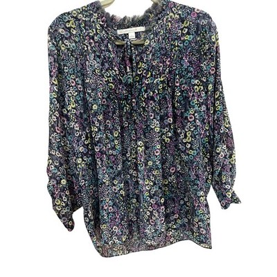 LC Lauren Conrad Floral Pleated Tie Neck Blouse Purple Blue Yellow Fringe Trim L