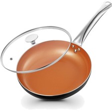 Elegant 8-Inch Copper Nonstick Frying Pan with Lid - All Stove Tops Compatible