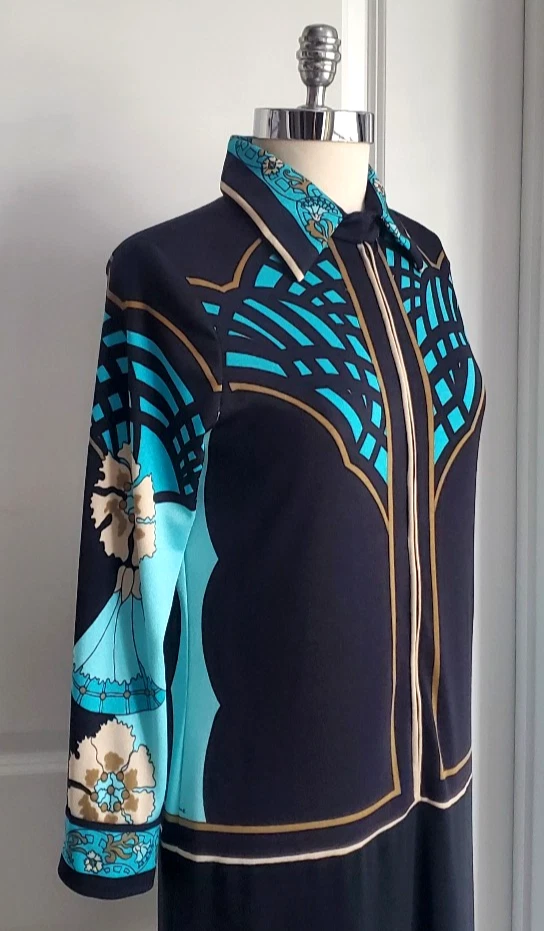 Vestido Vintage Paganne by Gene Berk Negro Turquesa Abertura Lateral Manga Larga Cremallera Años 70 Foto 4 de 4