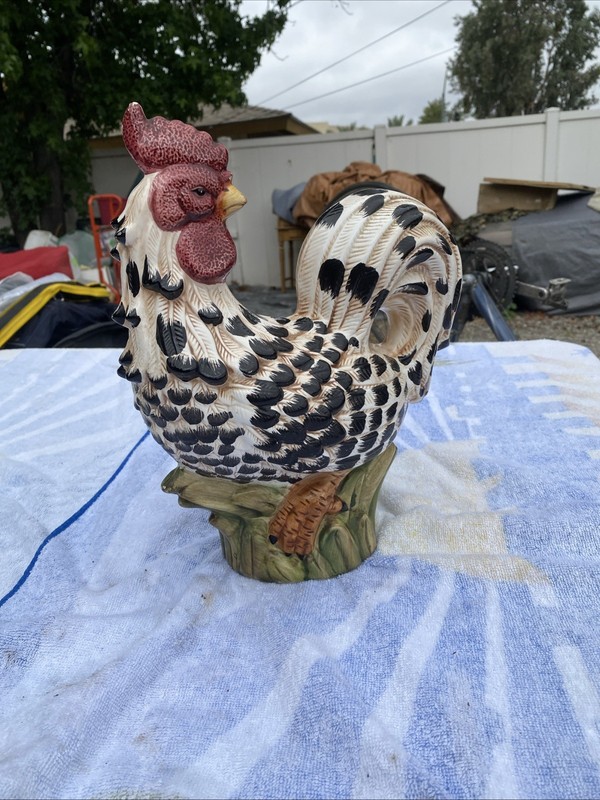 Hand Painted Ceramic Rooster Figurine, Plymouth Rock Chicken Farmhouse Decor