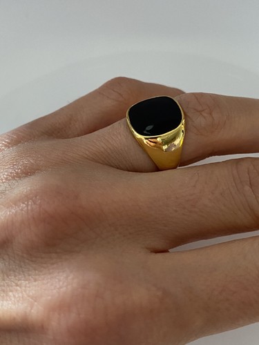 Men's Gold Tone Ring Women Black Onyx Stone Square Shape For Pinky Ring Band - 第 12/13 張圖片