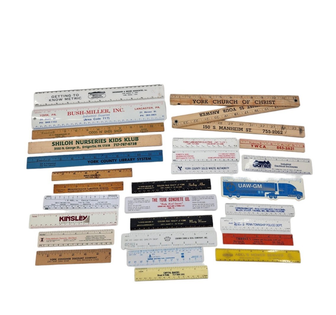 Vintage Lot Of 28 York Pa Advertising Rulers Wood Plastic Metal Ruler ...