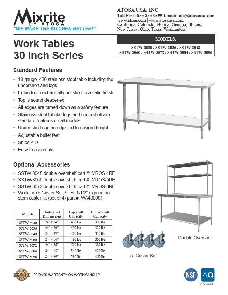 Atosa SSTW-3048 — 30″ x 48″ STAINLESS STEEL Worktable