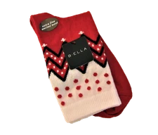 B. Ella Ladies 72% X-Fine Merino Wool Blend Crew Socks Karena Red Black Ivory