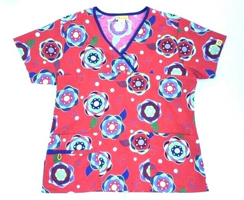NEW WonderWink Prints Womens Med Y-Neck Mock Wrap Scrub Top Red Floral 6027A - Picture 4 of 12