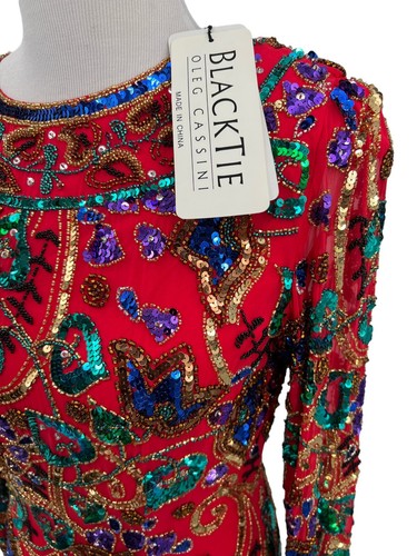 Black Tie Oleg Cassini Beaded Top Sequined Formal Red Blouse Size Small Vtg 80s - Picture 3 of 12
