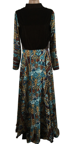Vintage 70er blau & braun Ikat Maxikleid 70s M/L Mesh Cut-Out Volant