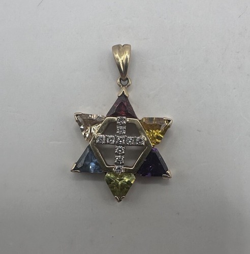 14k Yellow Gold Multicolor Gemstone and Diamond Star of David Pendant #7222