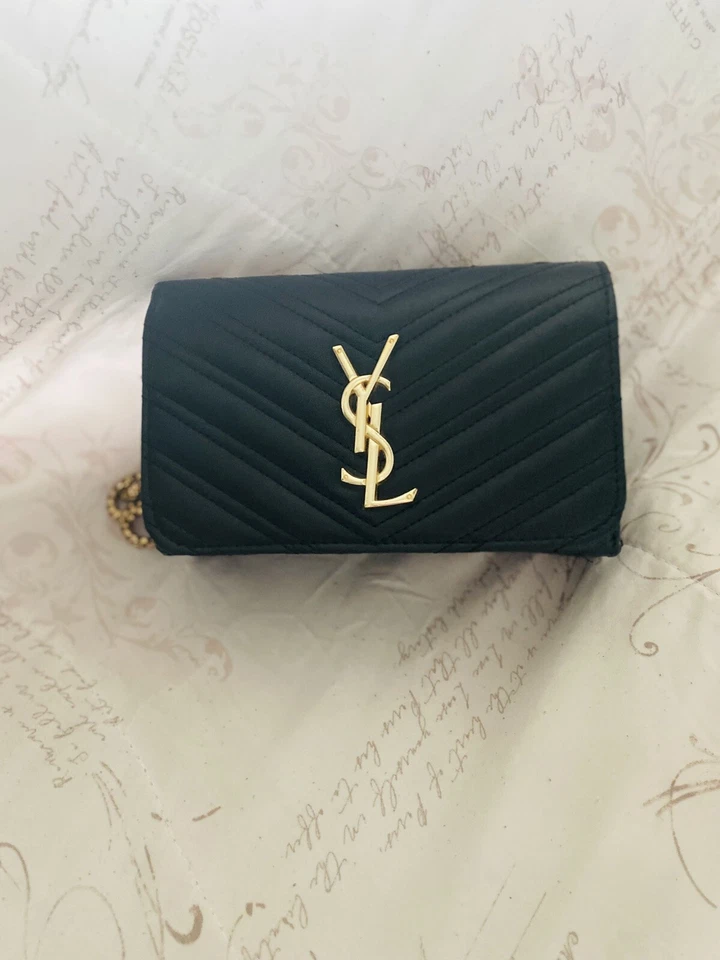Saint Laurent YSL Monograma Cartera con Cadena Negro Acolchado Cuero Bolso WOC Foto 3 de 4