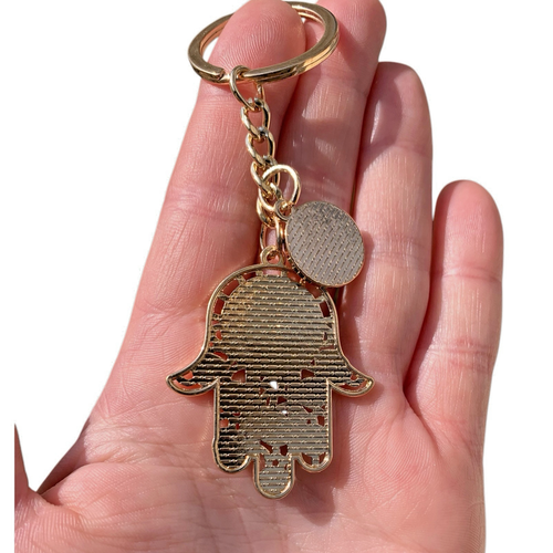 Nuevo Llavero Mano de Fátima y Azul Mal de Ojo Metal Dorado Hamsa Protección Llavero - Imagen 6 de 7