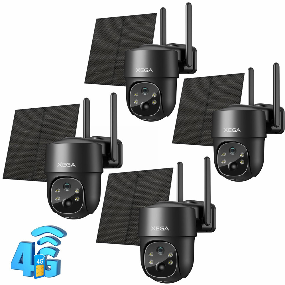 4PCS Xega 4G LTE Cellular Security Camera Solar with SIM Card, Outdoor Camera