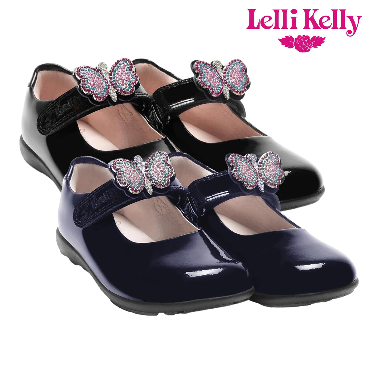 Lelli Kelly Wide Fit (G) School Shoes Butterfly Black Blue Patent Leather  LK8641