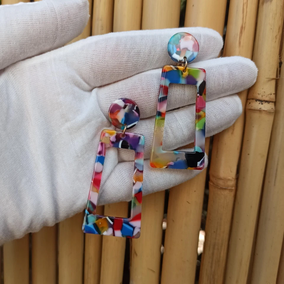 Long Clip Earrings Lightweight Geometric Retro Acrylic Pop Art Colourful Spring - Image 3 of 4