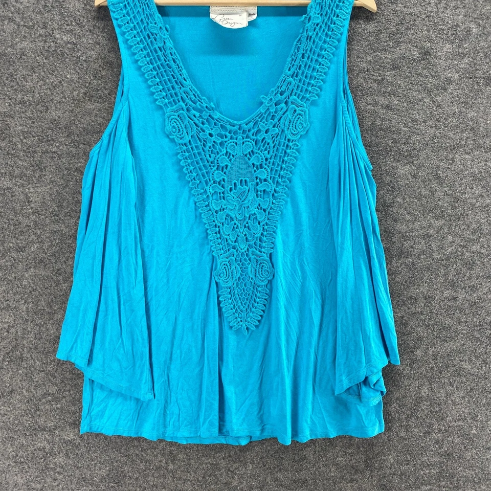 Green Dragon Blouse Women M Medium Blue Crochet Cold Shoulder Long Sleeve Rayon - Image 4 of 4