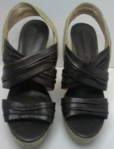 Boutique9 BTILLY Women's High Wedge Leather Sandals In Dark Brown Size 9.5M