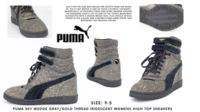 Puma Sky Wedge Gray/Gold Thread Iridescent Womens High Top Sneakers: Size 9.5 