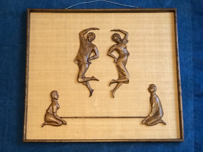 Vintage Carved Wood Limbo Dancers on  Burlap Framed 1960s Tiki Bar Decor 21x24