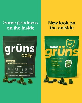 Sugar Free Gruns Daily Green Gummies, Digestive Health, 20+ Vitamins 28 packs