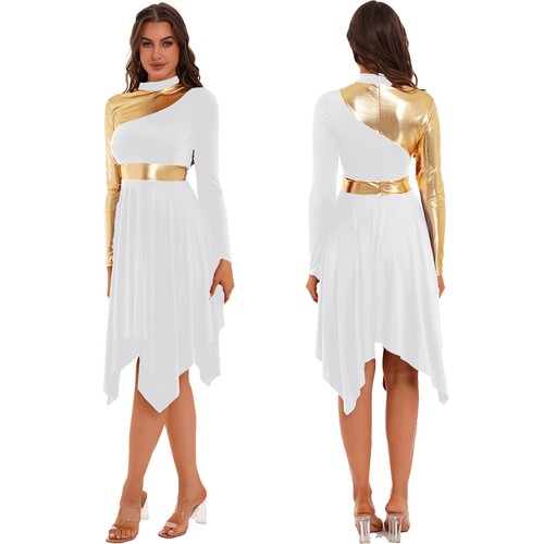 Damen Tanzkleid Eiskunstlauf-Kleid Langarm Ballettkleid Asymmetrisch Tanz Kostüm - Bild 27 von 95