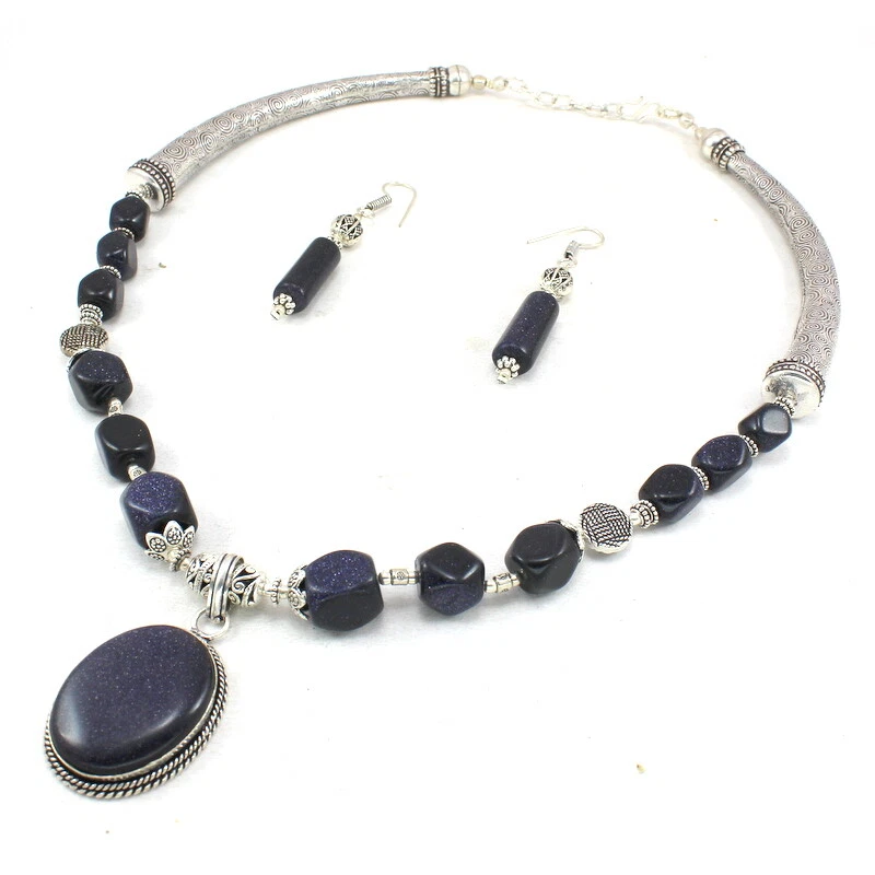 Collar Colgante Pendientes Piedras Preciosas Azules Naturales Piedras Preciosas Hecho a Mano Joyería con Cuentas Foto 4 de 4