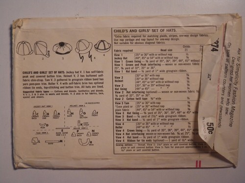 S-6274 Vintage Girl Hat Pattern Simplicity Head Size 21" - Picture 3 of 5