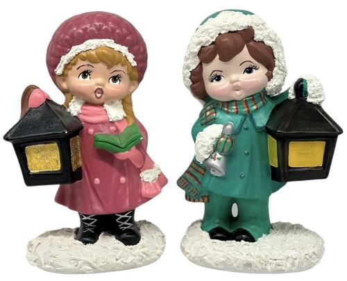 Pair Vintage Ceramic Christmas Carolers with Lanterns 9.5" Tall Boy Girl - Picture 2 of 13