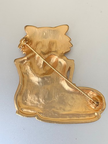 Süße Vintage französische Designer Brosche für KATZENLIEBHABER - Katze im Schuh, goldenes Metall - Bild 6 von 6
