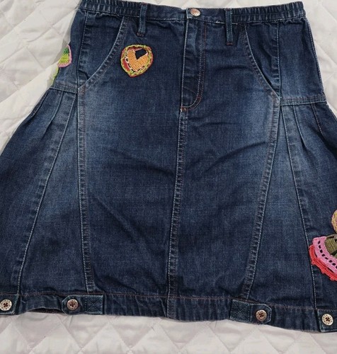 Oilily Blue Jean Denim Flared Skirt Size 152 10 Embroidered Crocheted ADORABLE - Picture 2 of 12