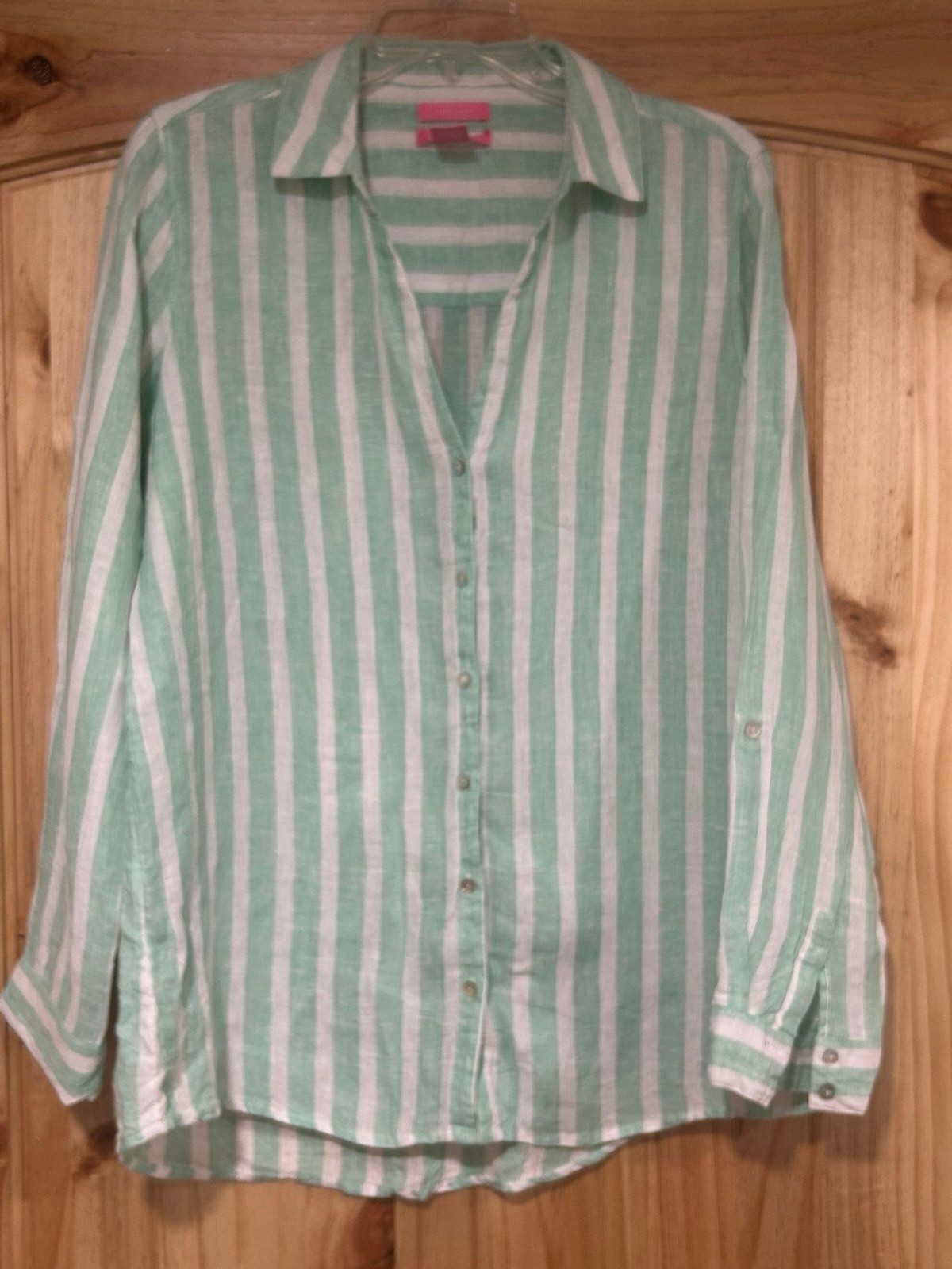 Isaac Mizrahi 100% Linen Shirt White Green Stripes Size Large Button Up Casual