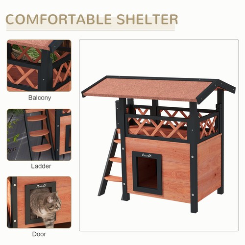 PawHut Outdoor Cat House w/ Balcony Stairs Roof, Brown - Picture 6 of 12