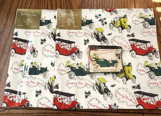 Vtg Deadstock Gibson Christmas Wrapping Paper 4 Sheets w Gift Tags Old Cars