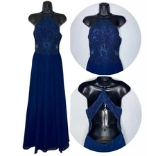 Blondie Nites Dark Blue Beaded Formal Dress Floor Length