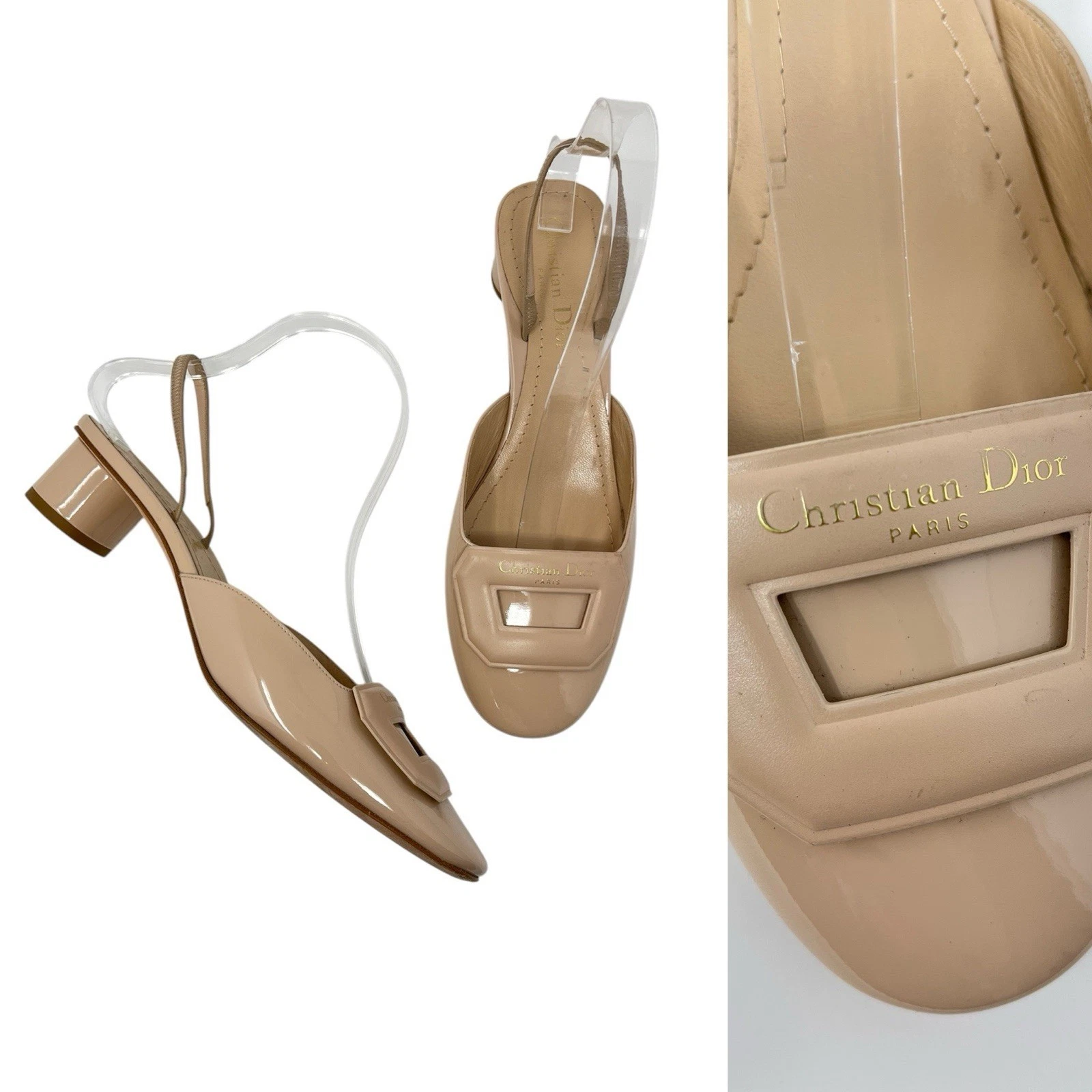 Christian Dior Day Patent talons bas écharpe nude beige marron logo doré 38,5 8,5