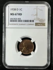 1938-D 1C RD Lincoln Wheat One Cent NGC MS67RD  6967825-003