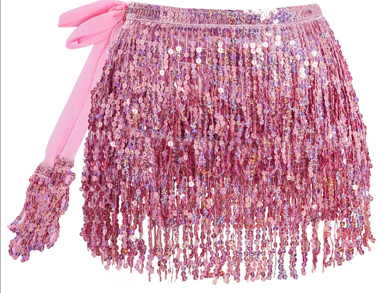 Pink Sequin Belly Dance Hip Scarf Tassel Wrap Sparkly Fringe Skirt ONE SIZE