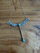 Vintage Sterling Silver Turquoise Inlay Dragonfly Necklace 
